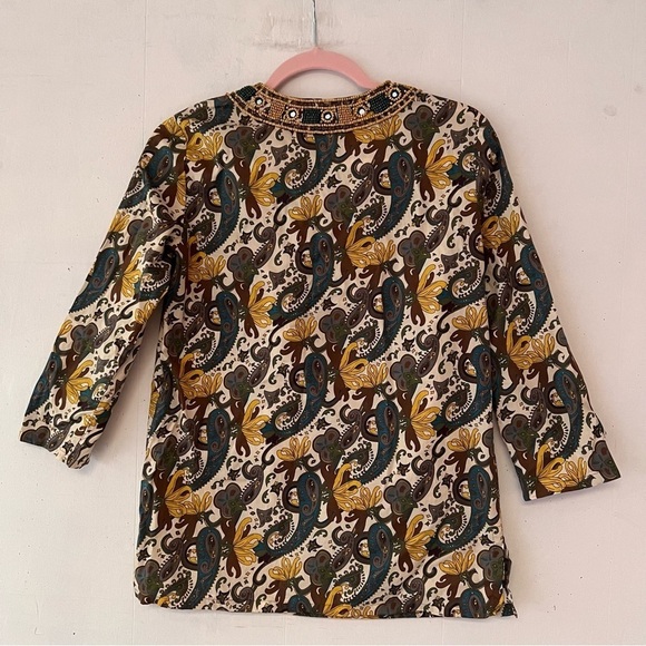 Lafayette 148 New York Paisley Cotton Poplin Tunic with Beaded Neckline Size 0 - Picture 5 of 12